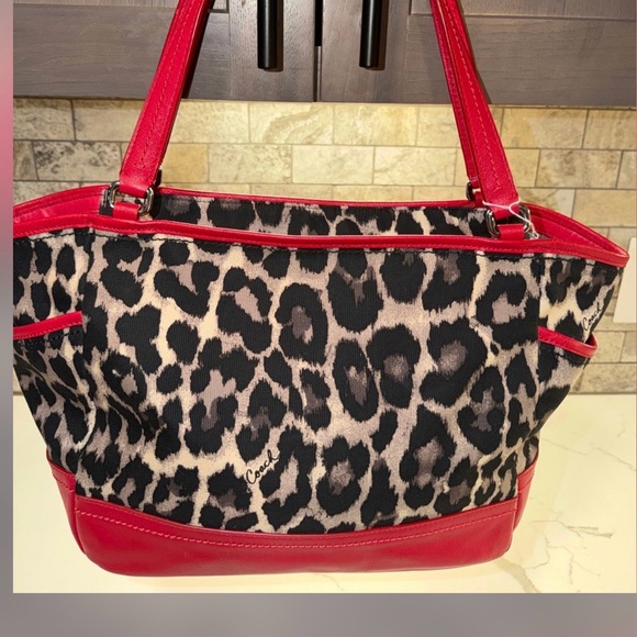 Coach Handbags - Coach Leopard-Print Tote with Red Trim